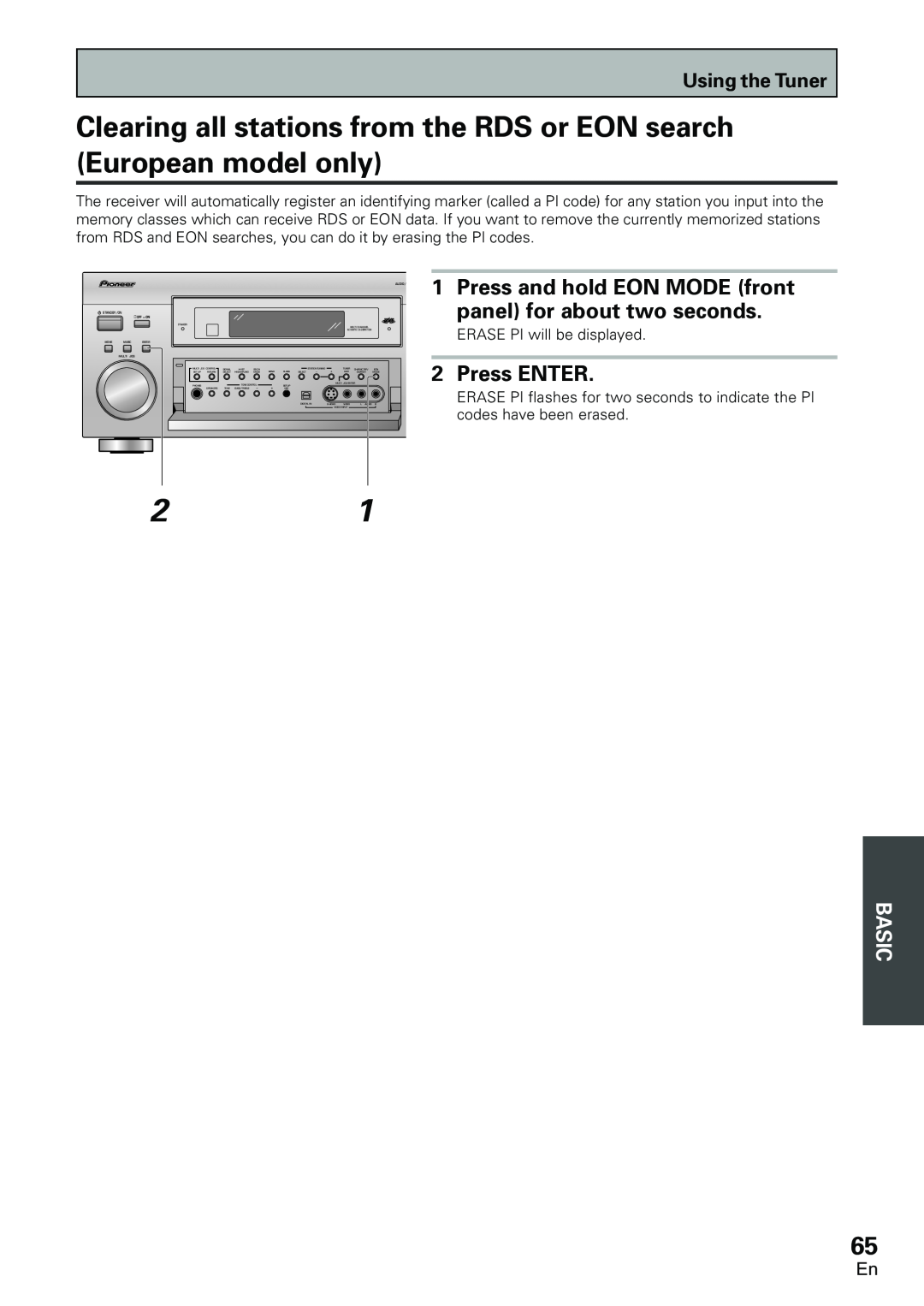 Pioneer VSX-D2011-S, VSX-D2011-G manual Press and hold EON MODE front, panel for about two seconds, Press ENTER, Basic 