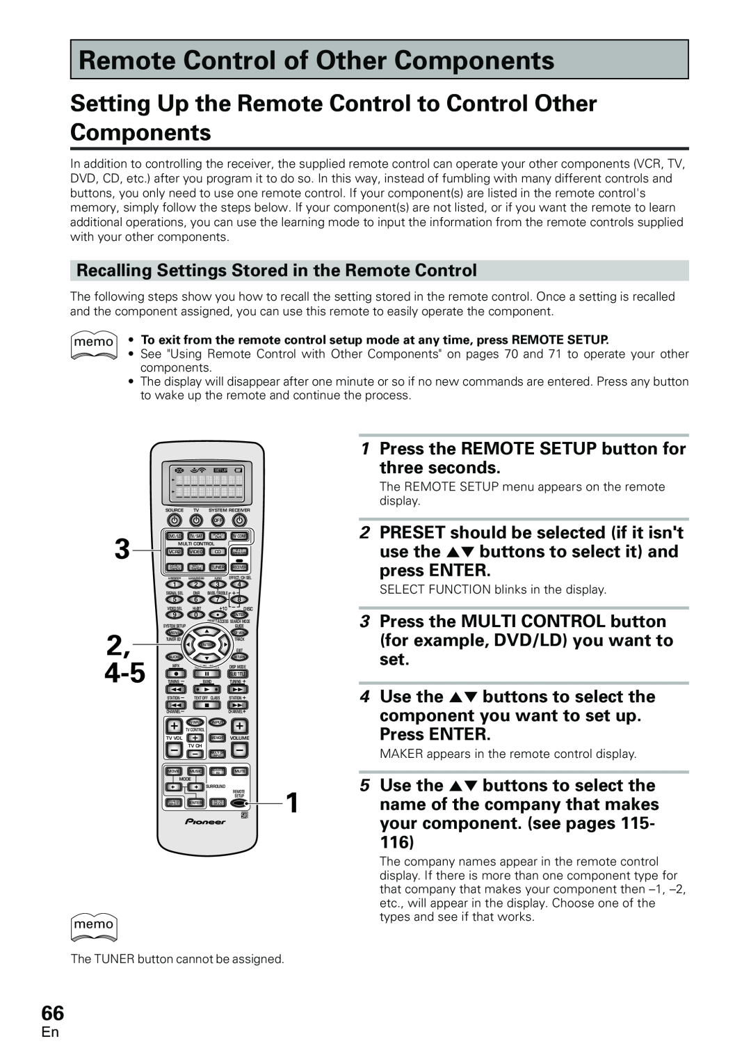 Pioneer VSX-D2011-G, VSX-D2011-S manual Remote Control of Other Components, Recalling Settings Stored in the Remote Control 