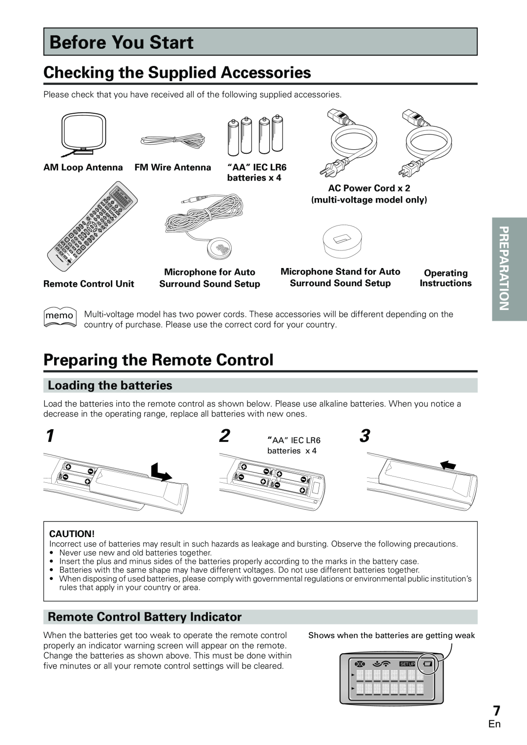 Pioneer VSX-D2011-S manual Before You Start, Checking the Supplied Accessories, Preparing the Remote Control, Preparation 