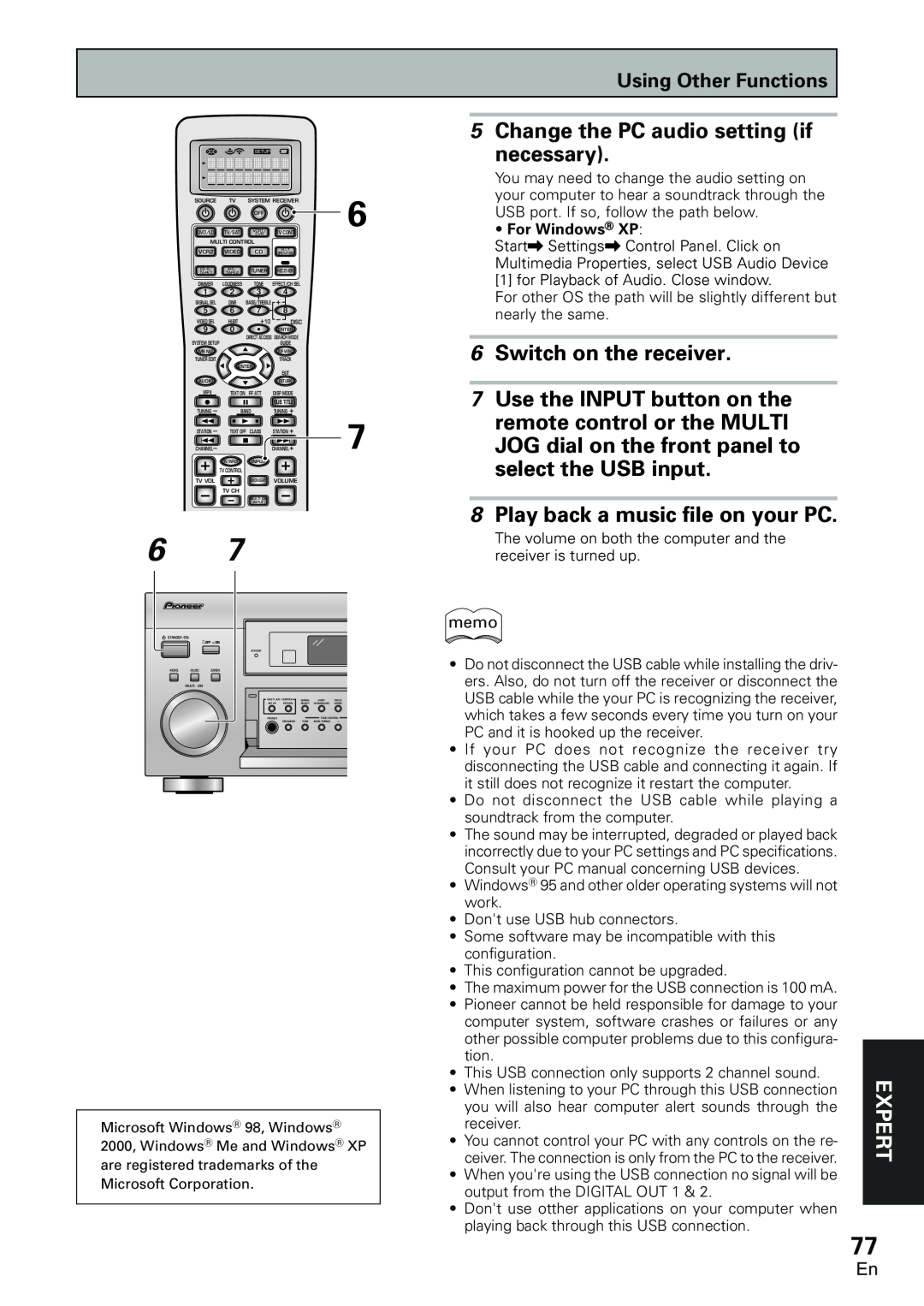 Pioneer VSX-D2011-S Change the PC audio setting if, necessary, Switch on the receiver, Use the INPUT button on the, Expert 