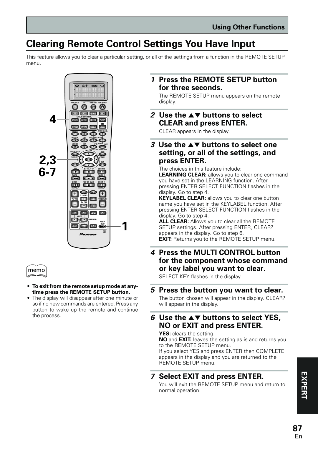 Pioneer VSX-D2011-S Clearing Remote Control Settings You Have Input, Press the REMOTE SETUP button, for three seconds 