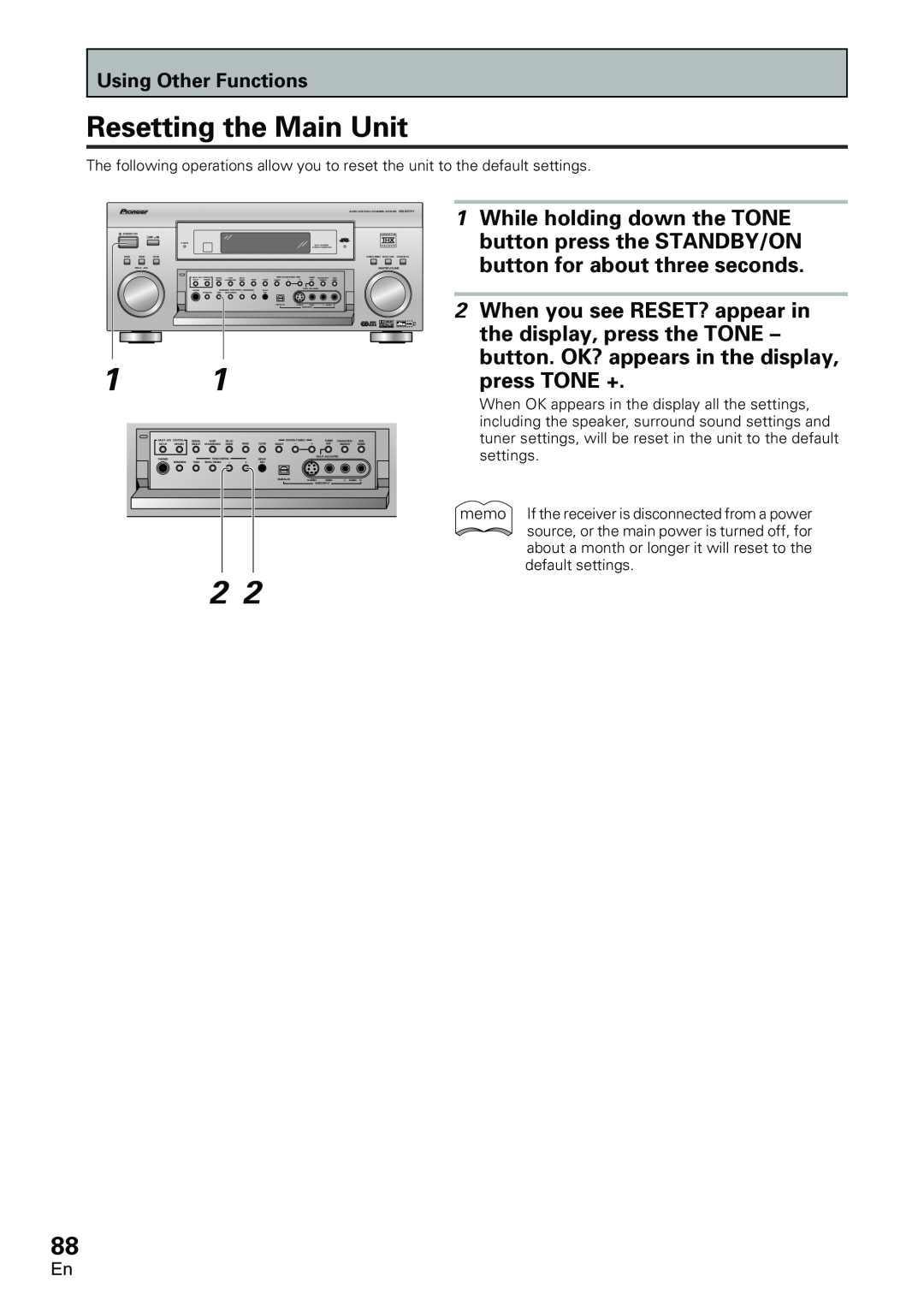 Pioneer VSX-D2011-G, VSX-D2011-S manual Resetting the Main Unit, press TONE + 