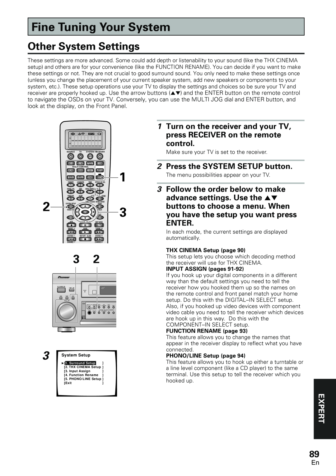 Pioneer VSX-D2011-S Fine Tuning Your System, Other System Settings, Follow the order below to make, control, Enter, Expert 
