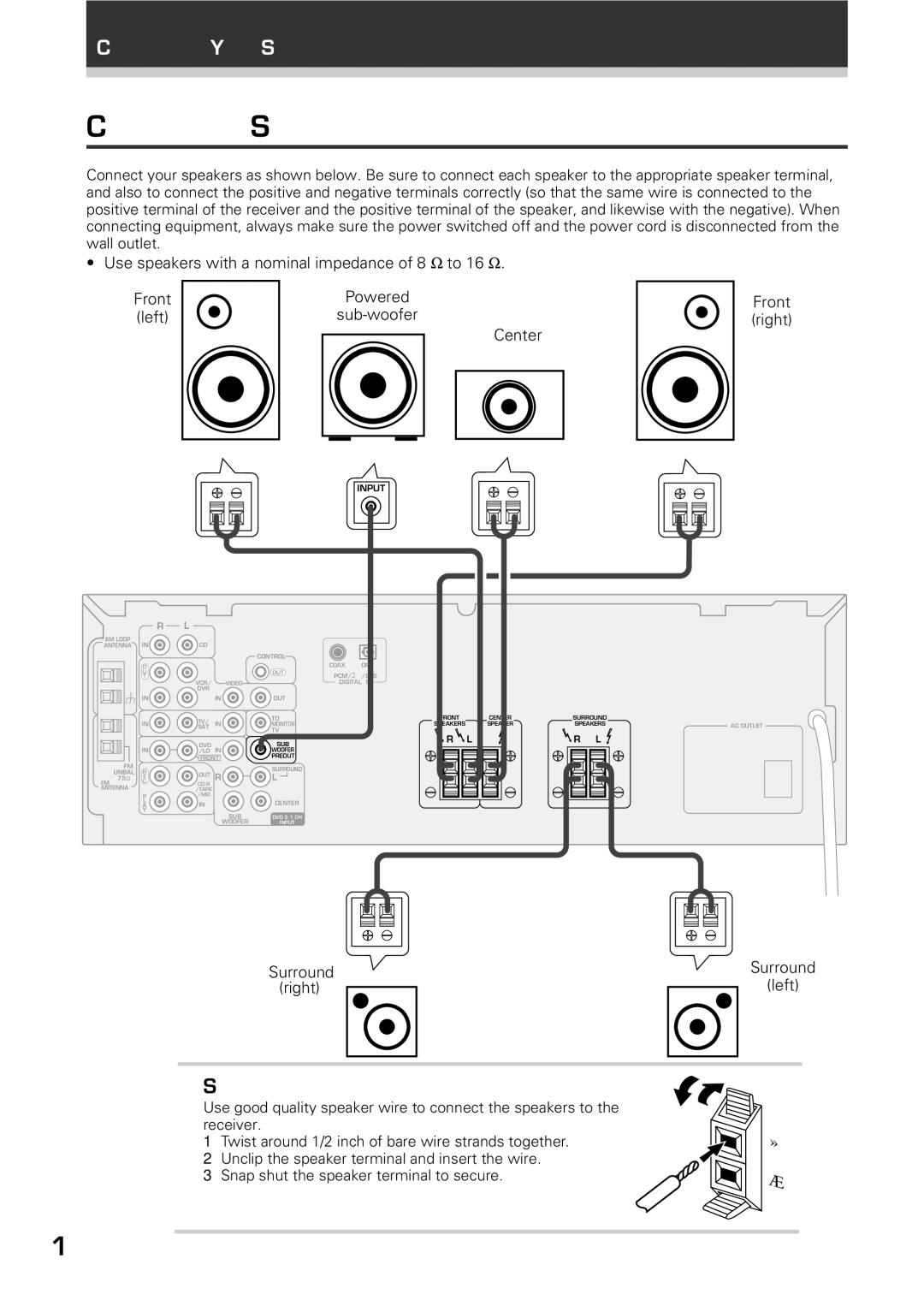 Pioneer VSX-D309 manual Connecting Speakers, Speaker terminals 