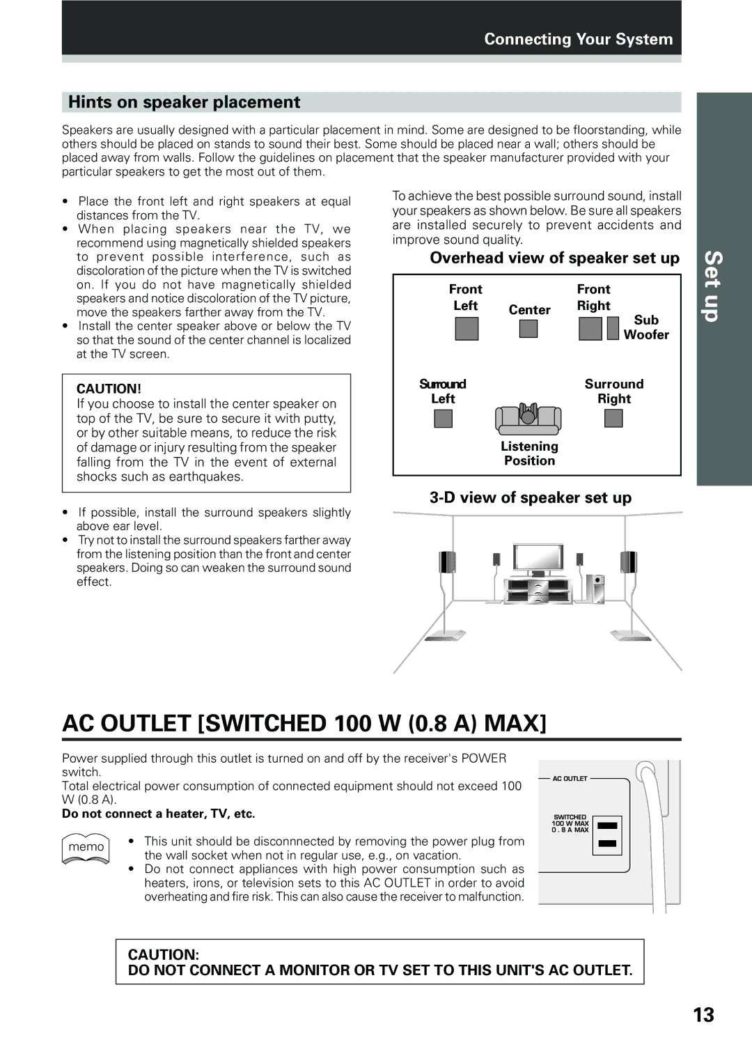 Pioneer VSX-D309 manual Hints on speaker placement, Overhead view of speaker set up, View of speaker set up 