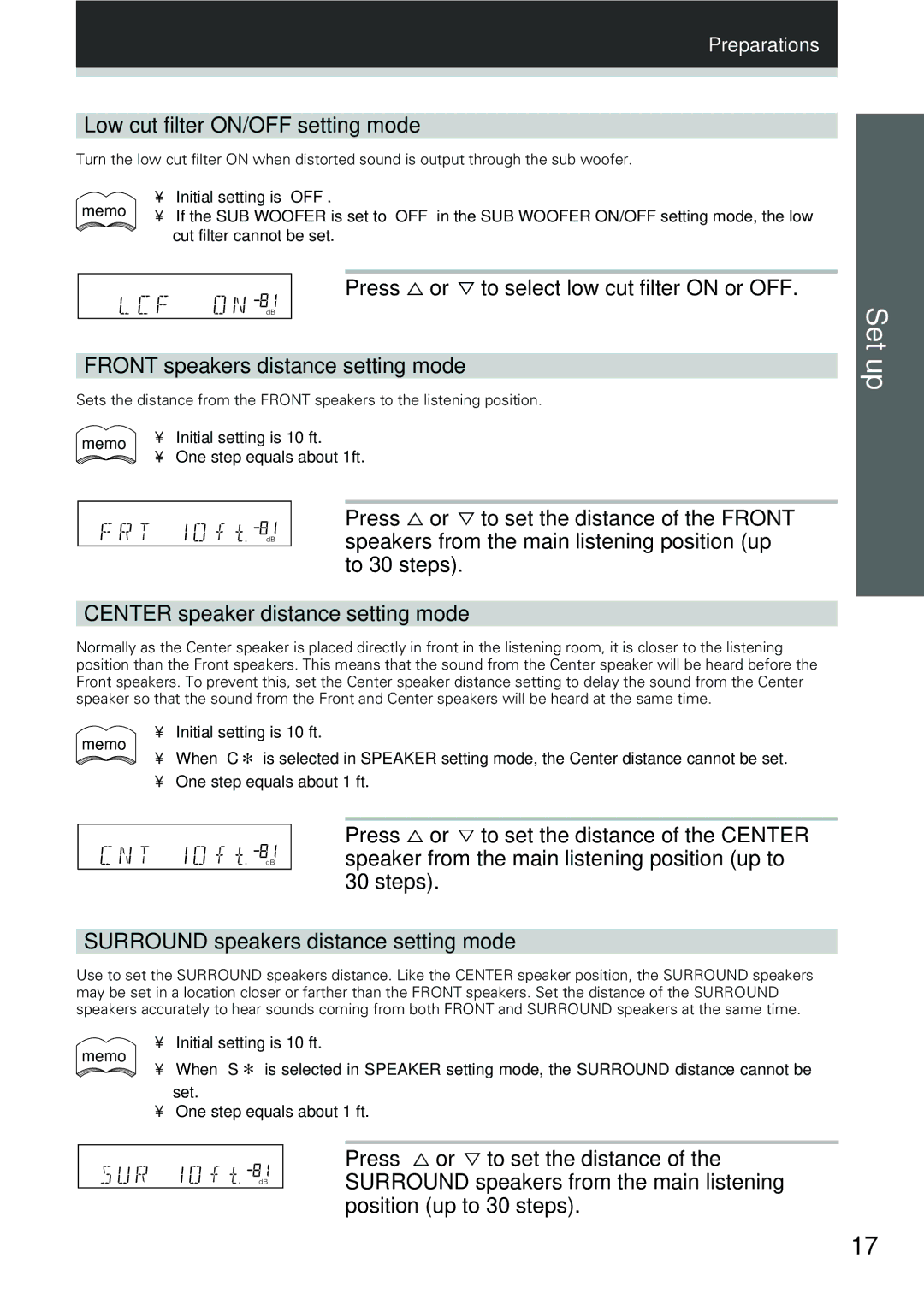 Pioneer VSX-D309 manual Low cut filter ON/OFF setting mode, Press % or Þ to set the distance of the Front, To 30 steps 