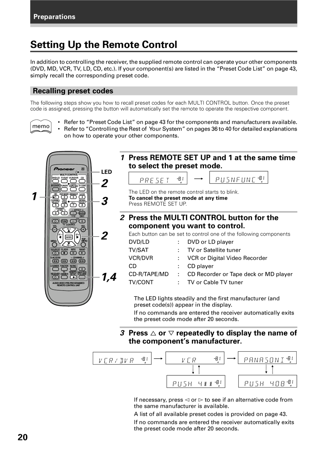 Pioneer VSX-D309 manual Setting Up the Remote Control, Recalling preset codes, To cancel the preset mode at any time 