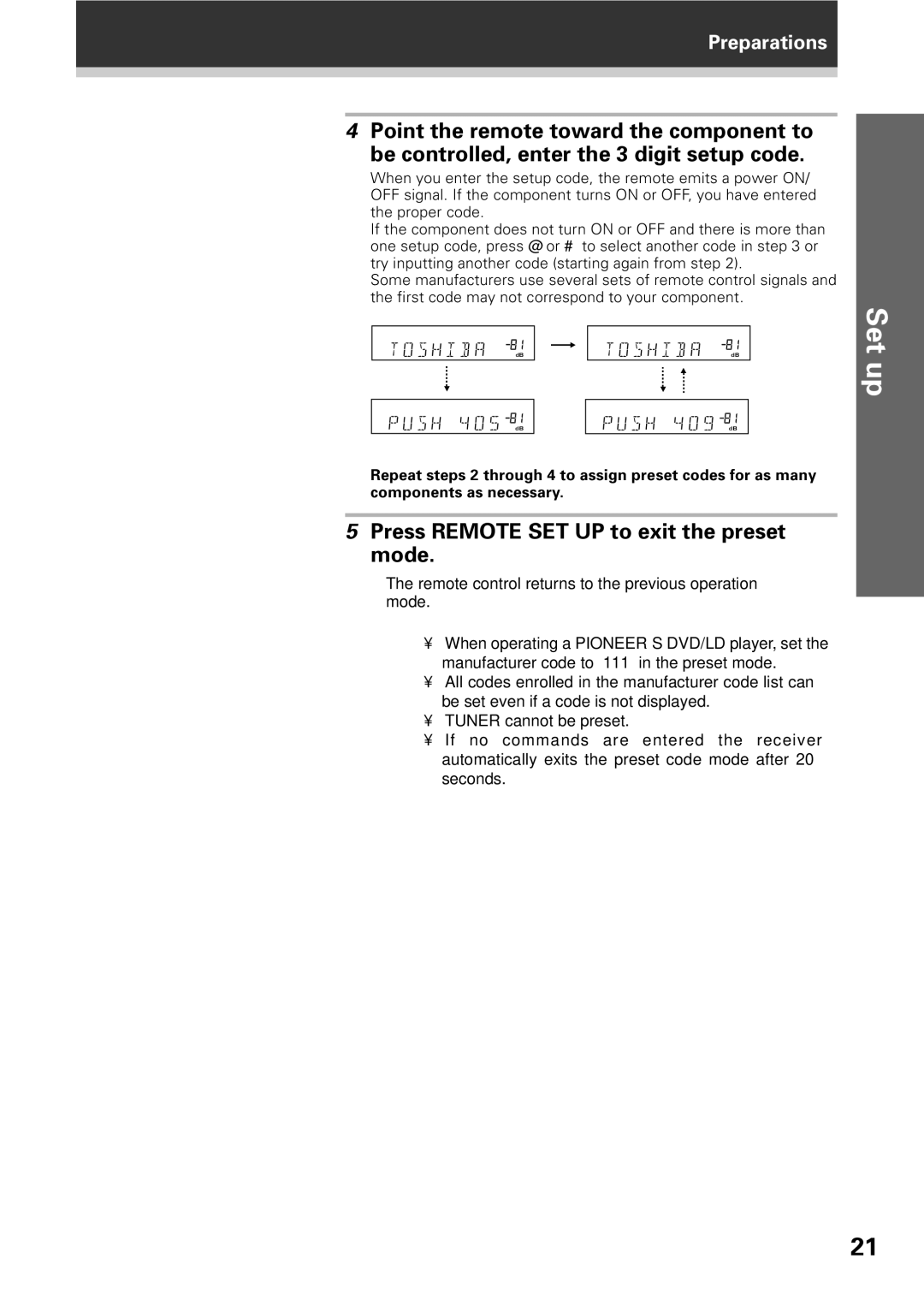 Pioneer VSX-D309 manual Press Remote SET UP to exit the preset mode 