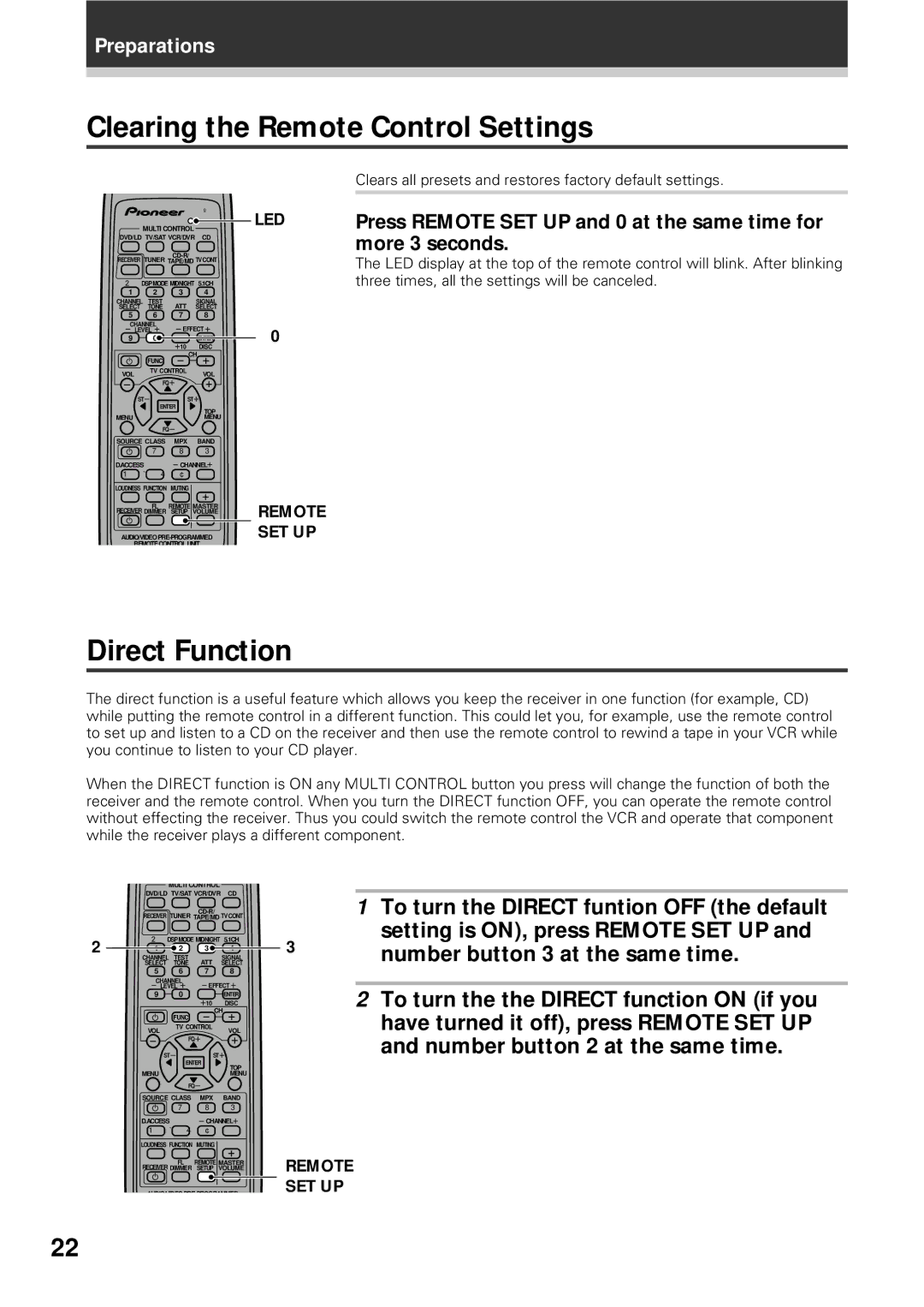 Pioneer VSX-D309 manual Clearing the Remote Control Settings, Direct Function, To turn the Direct funtion OFF the default 