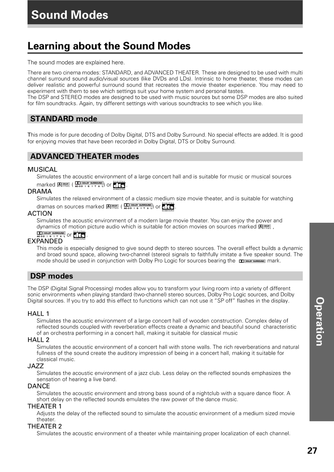 Pioneer VSX-D309 manual Learning about the Sound Modes, Standard mode, Advanced Theater modes, DSP modes 