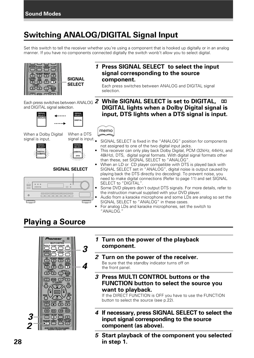 Pioneer VSX-D309 Switching ANALOG/DIGITAL Signal Input, Playing a Source, Digital lights when a Dolby Digital signal is 