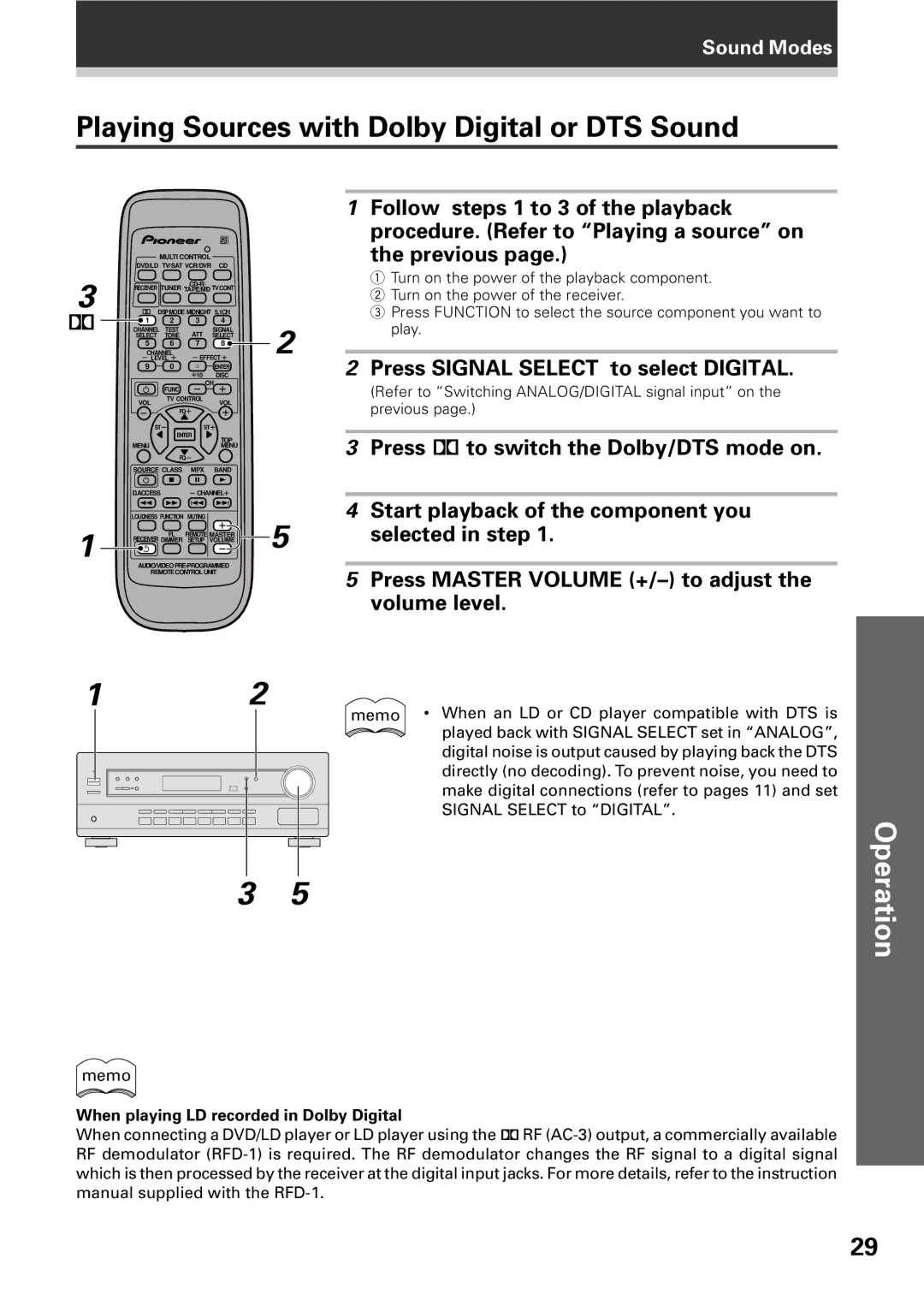 Pioneer VSX-D309 manual Playing Sources with Dolby Digital or DTS Sound, Press Signal Select to select Digital 