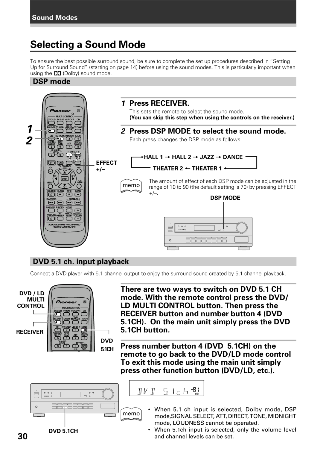 Pioneer VSX-D309 Selecting a Sound Mode, DSP mode, Press DSP Mode to select the sound mode, DVD 5.1 ch. input playback 