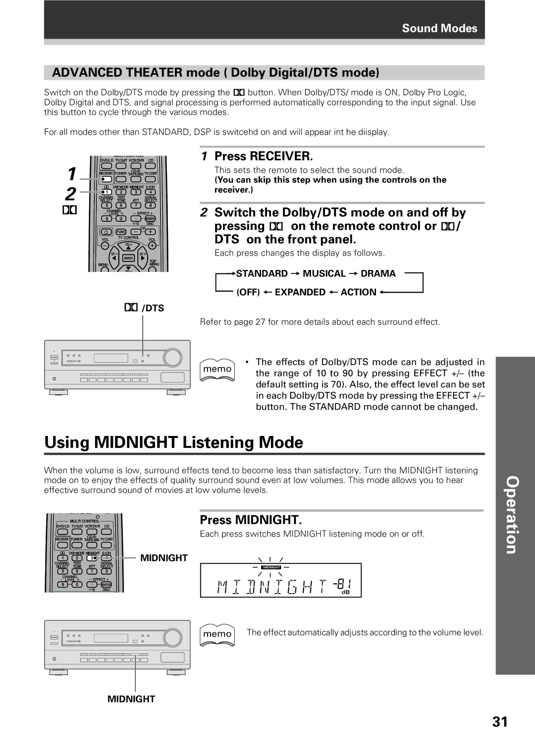 Pioneer VSX-D309 manual Using Midnight Listening Mode, Advanced Theater mode Dolby Digital/DTS mode, Press Midnight 