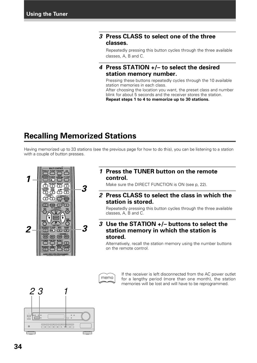 Pioneer VSX-D309 manual Recalling Memorized Stations, Press Class to select one of the three classes 