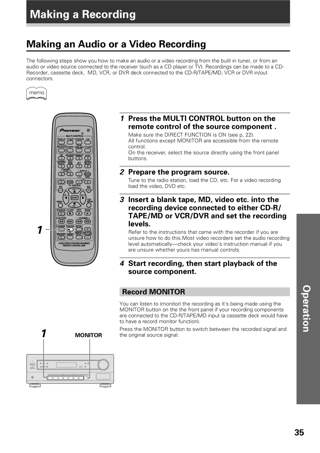 Pioneer VSX-D309 manual Making a Recording, Making an Audio or a Video Recording, Prepare the program source 