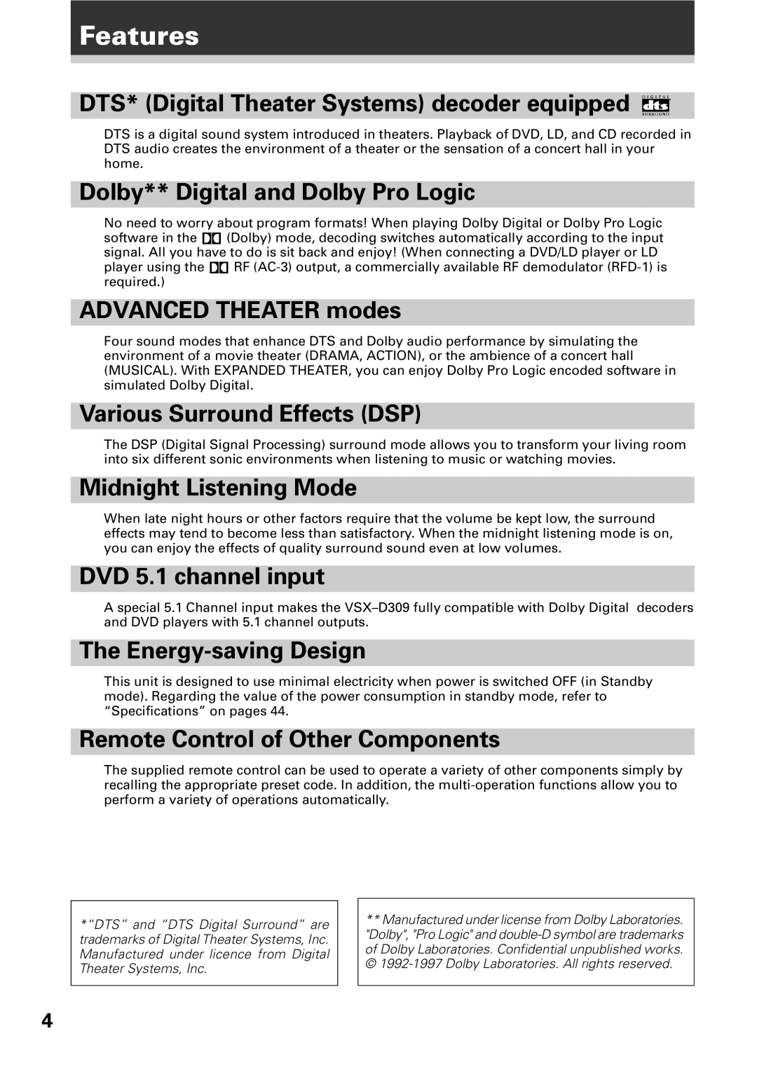 Pioneer VSX-D309 manual Features 