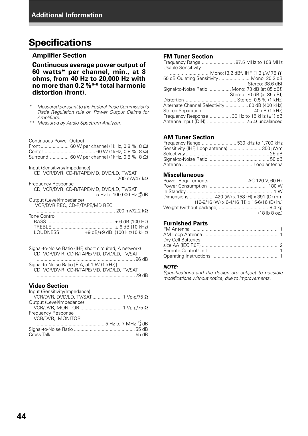 Pioneer VSX-D309 manual Specifications 