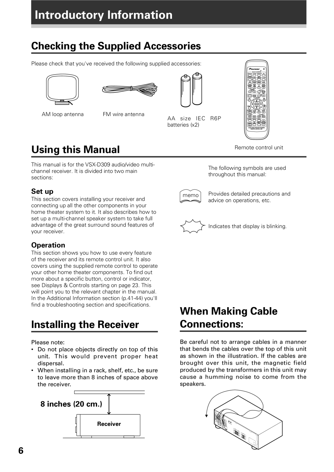 Pioneer VSX-D309 Introductory Information, Checking the Supplied Accessories, Using this Manual, Installing the Receiver 