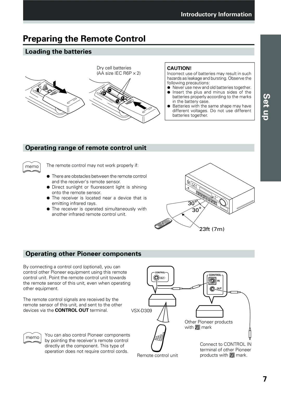 Pioneer VSX-D309 manual Preparing the Remote Control, Loading the batteries, Operating range of remote control unit 