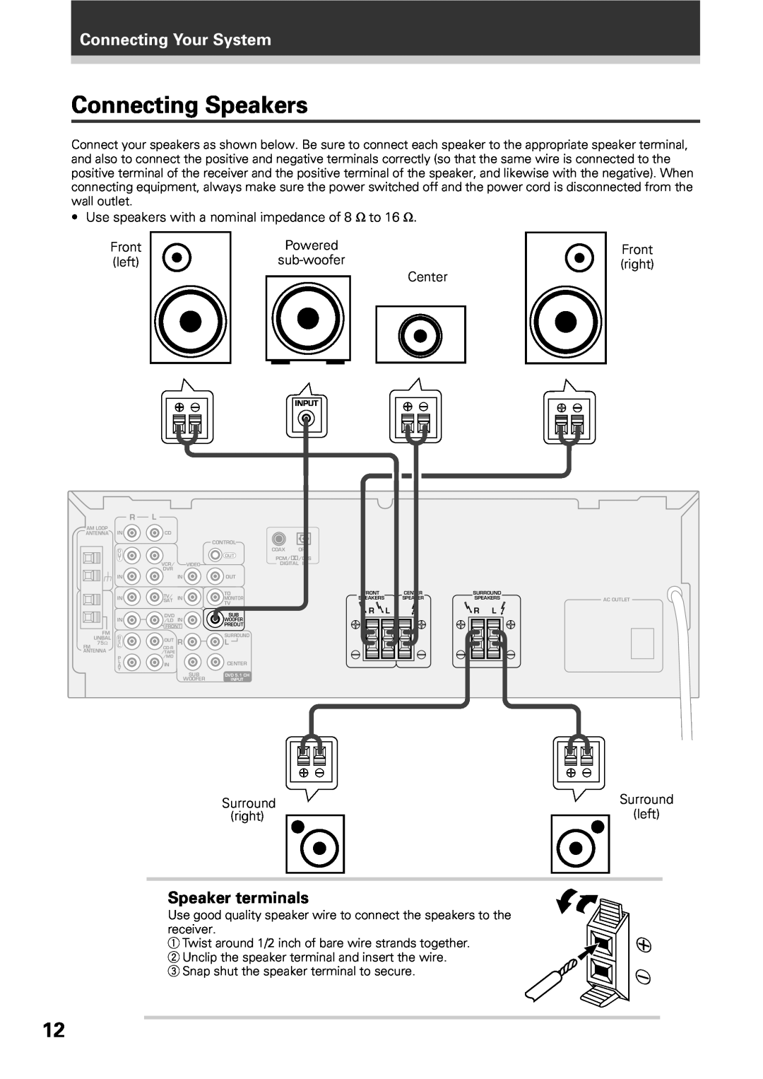 Pioneer VSX-D309 manual Connecting Speakers, Connecting Your System, Speaker terminals 