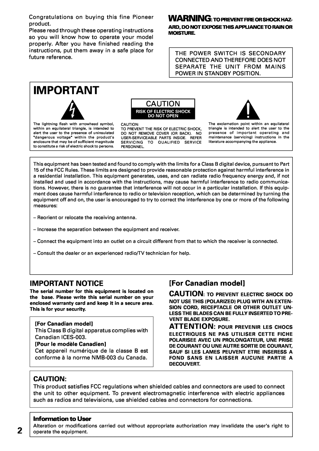 Pioneer VSX-D309 manual Important Notice, For Canadian model, Information to User, Pour le modèle Canadien 