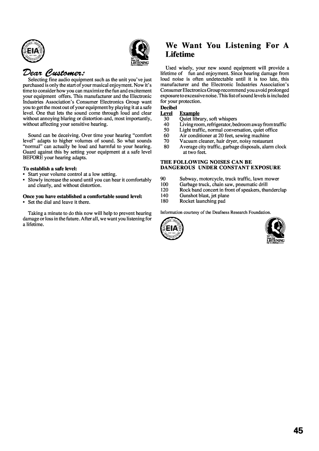 Pioneer VSX-D309 manual • Eia, To establish a safe level, Decibel Level Example 