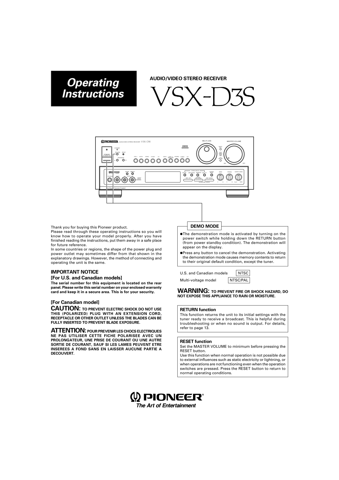 Pioneer VSX-D3S warranty AUDIO/VIDEO Stereo Receiver, Important Notice, Demo Mode, Return function, Reset function 