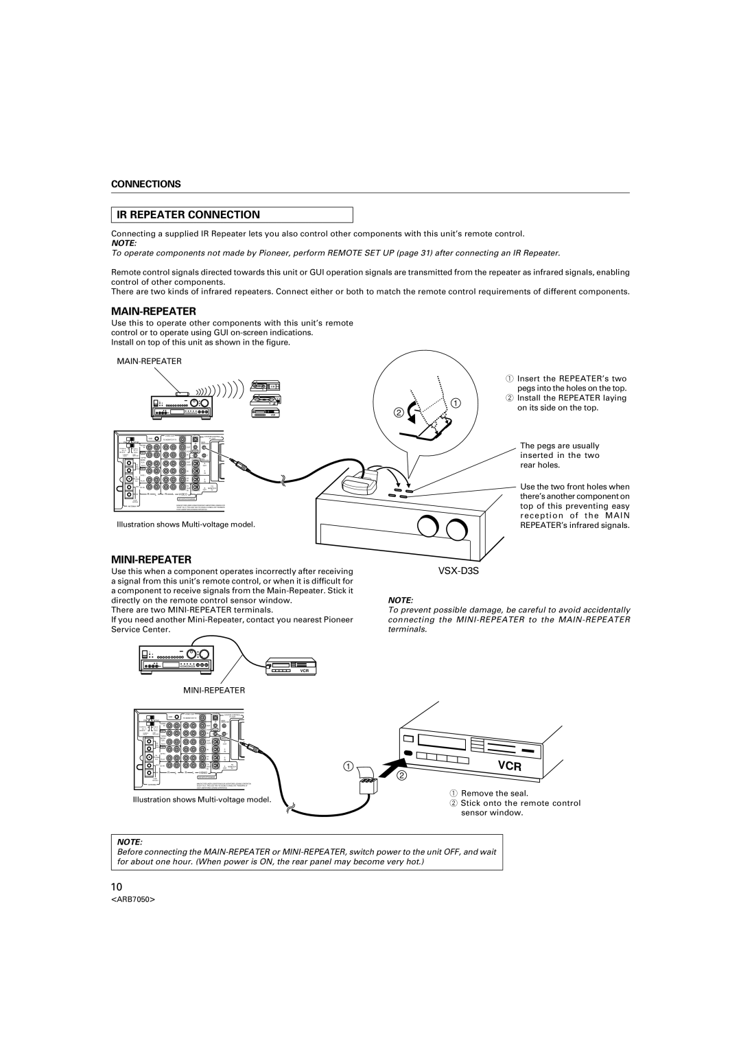 Pioneer VSX-D3S warranty IR Repeater Connection, Main-Repeater, Mini-Repeater 