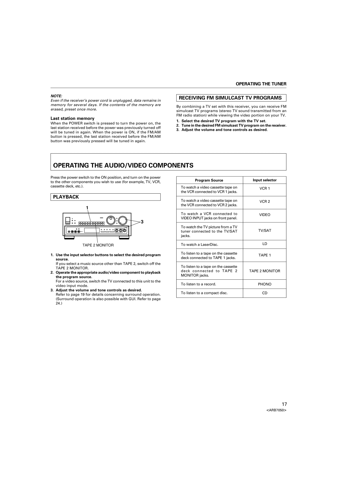 Pioneer VSX-D3S Operating the AUDIO/VIDEO Components, Receiving FM Simulcast TV Programs, Playback, Operating the Tuner 