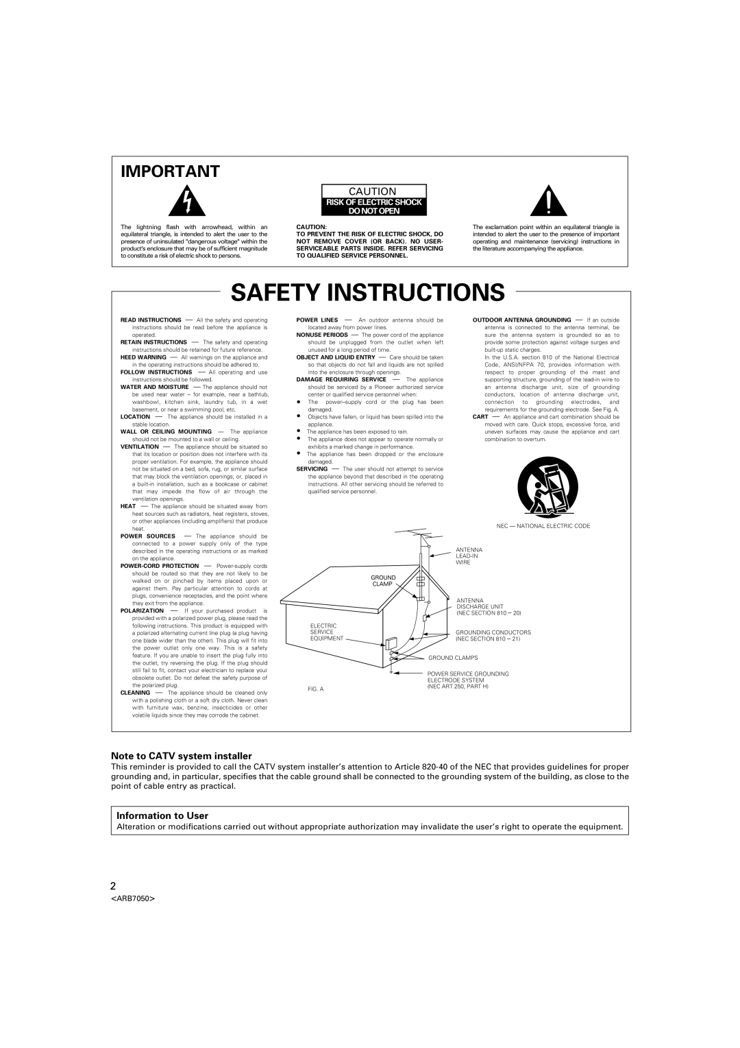 Pioneer VSX-D3S warranty Information to User, Risk of Electric Shock Do not Open 