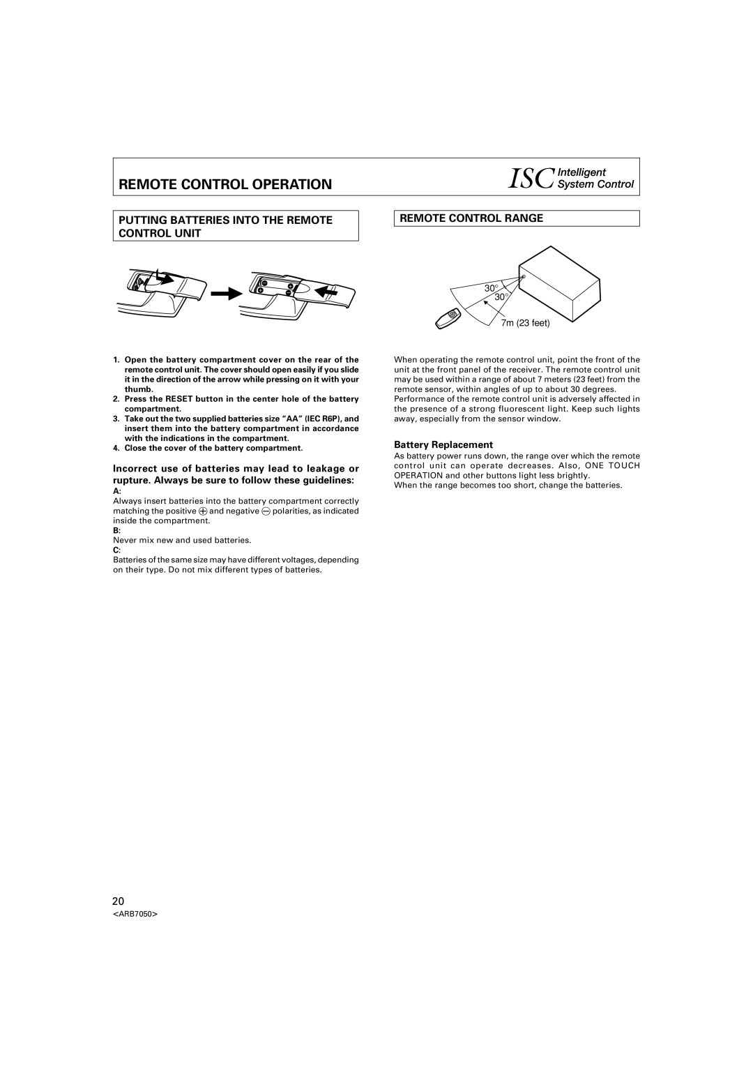 Pioneer VSX-D3S warranty Remote Control Operation, Putting Batteries Into the Remote Control Unit, Remote Control Range 