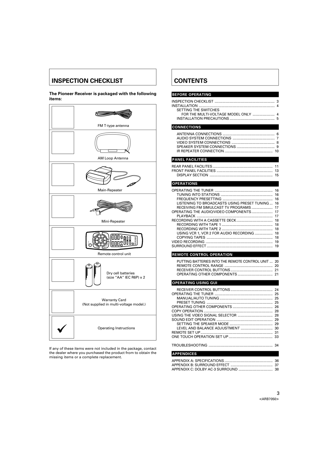 Pioneer VSX-D3S warranty Inspection Checklist, Contents 