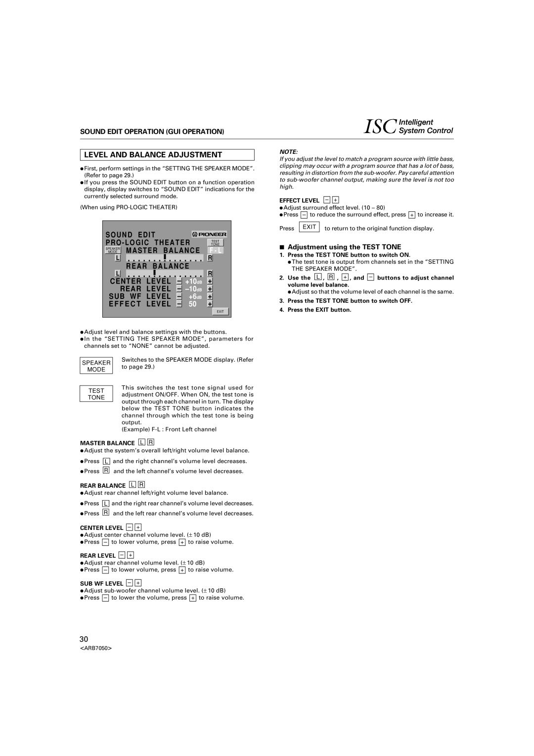 Pioneer VSX-D3S warranty Level and Balance Adjustment, Sound Edit Operation GUI Operation, Adjustment using the Test Tone 