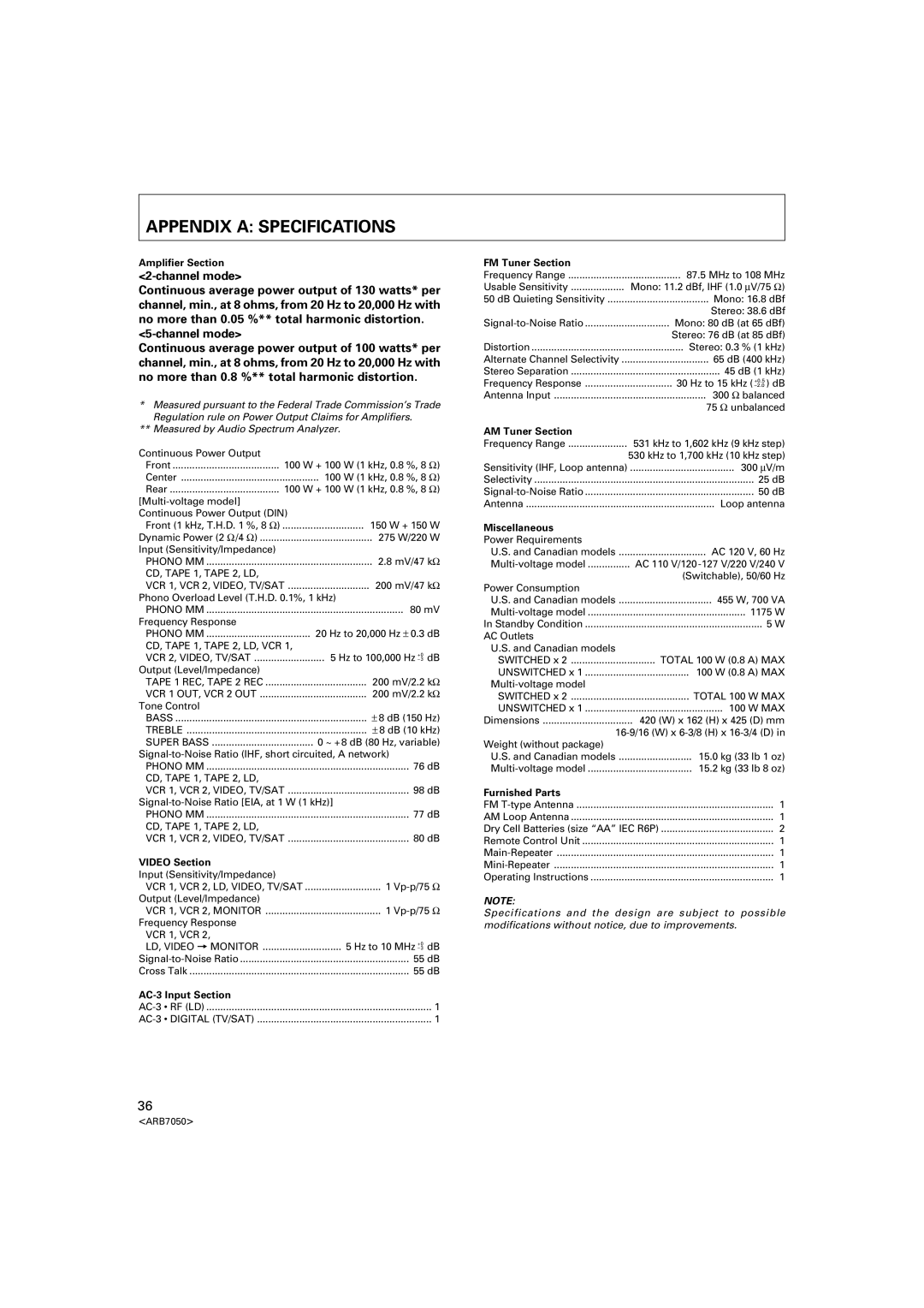 Pioneer VSX-D3S warranty Appendix a Specifications, Channel mode 