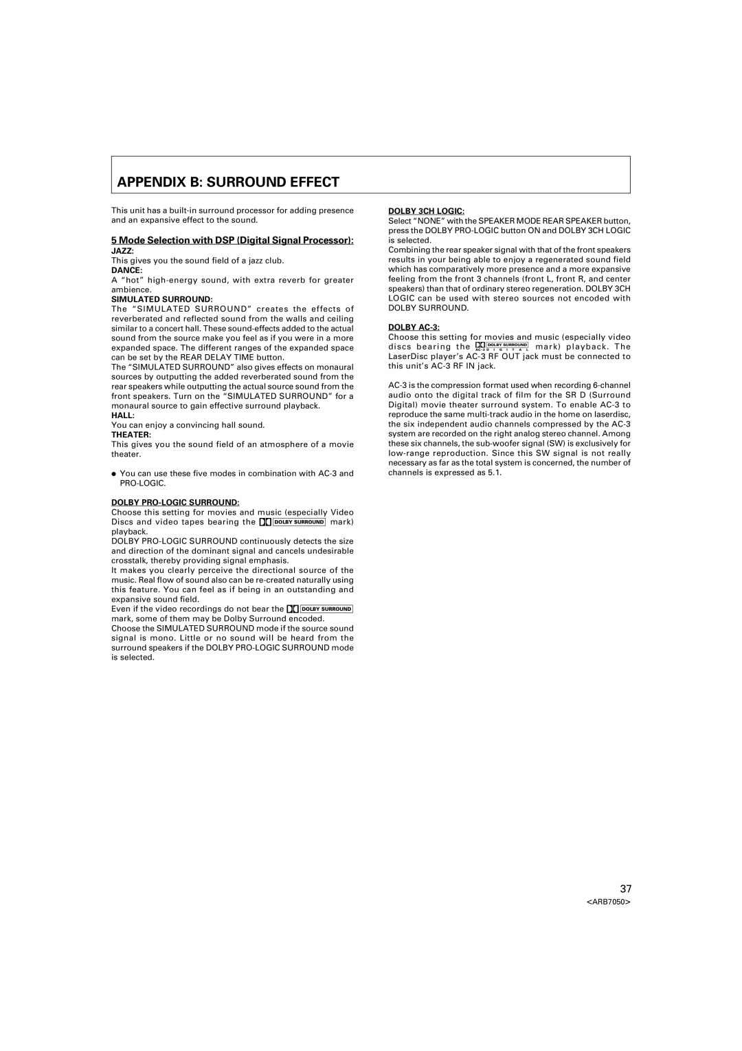 Pioneer VSX-D3S warranty Appendix B Surround Effect, Mode Selection with DSP Digital Signal Processor 