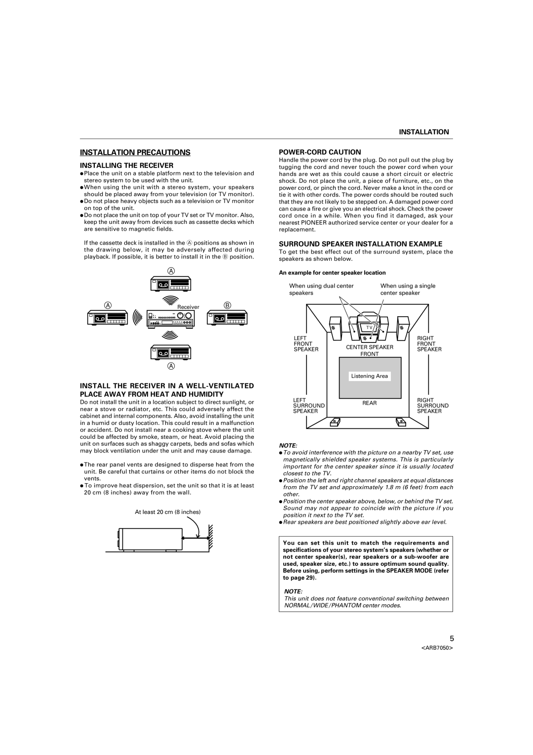 Pioneer VSX-D3S warranty Installation Precautions, Installing the Receiver, POWER-CORD Caution 