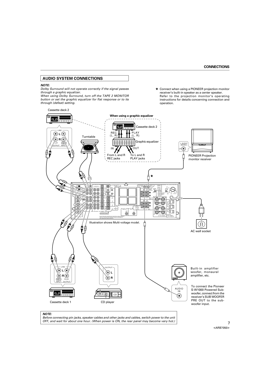 Pioneer VSX-D3S warranty Audio System Connections, When using a graphic equalizer 