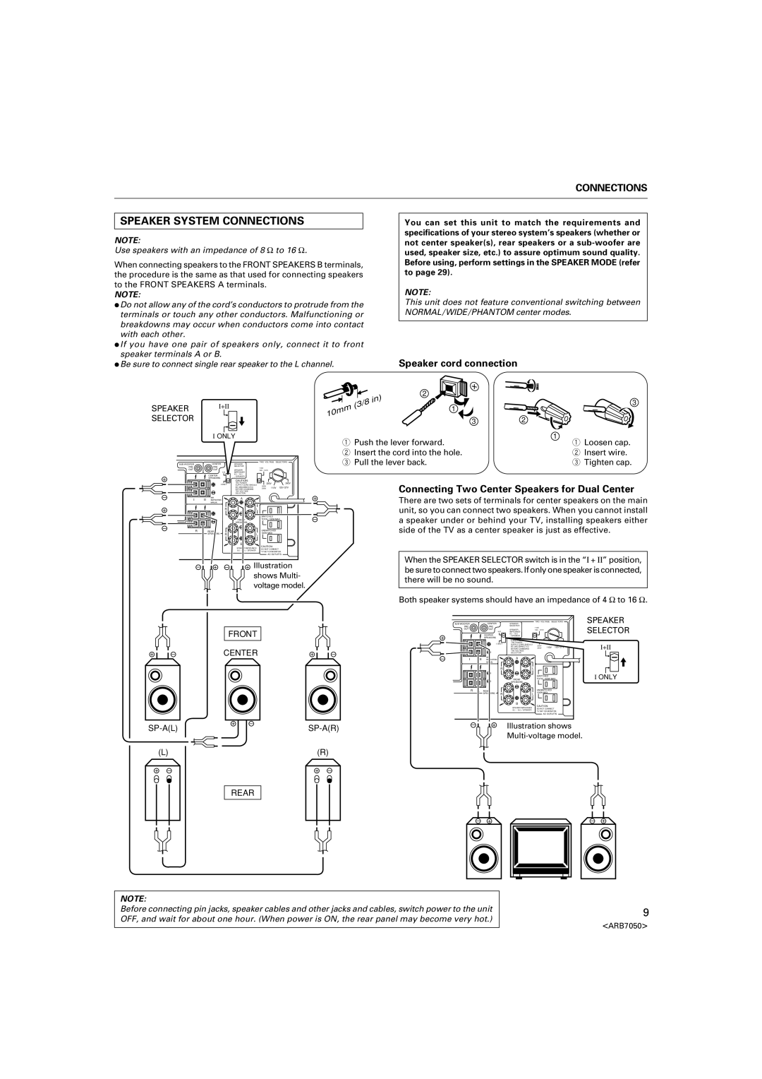 Pioneer VSX-D3S Speaker System Connections, Speaker cord connection, Connecting Two Center Speakers for Dual Center 