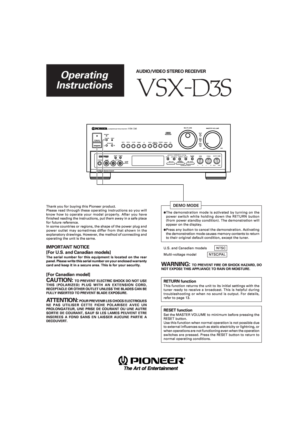 Pioneer VSX-D3S warranty Audio/Video Stereo Receiver, IMPORTANT NOTICE For U.S. and Canadian models, For Canadian model 