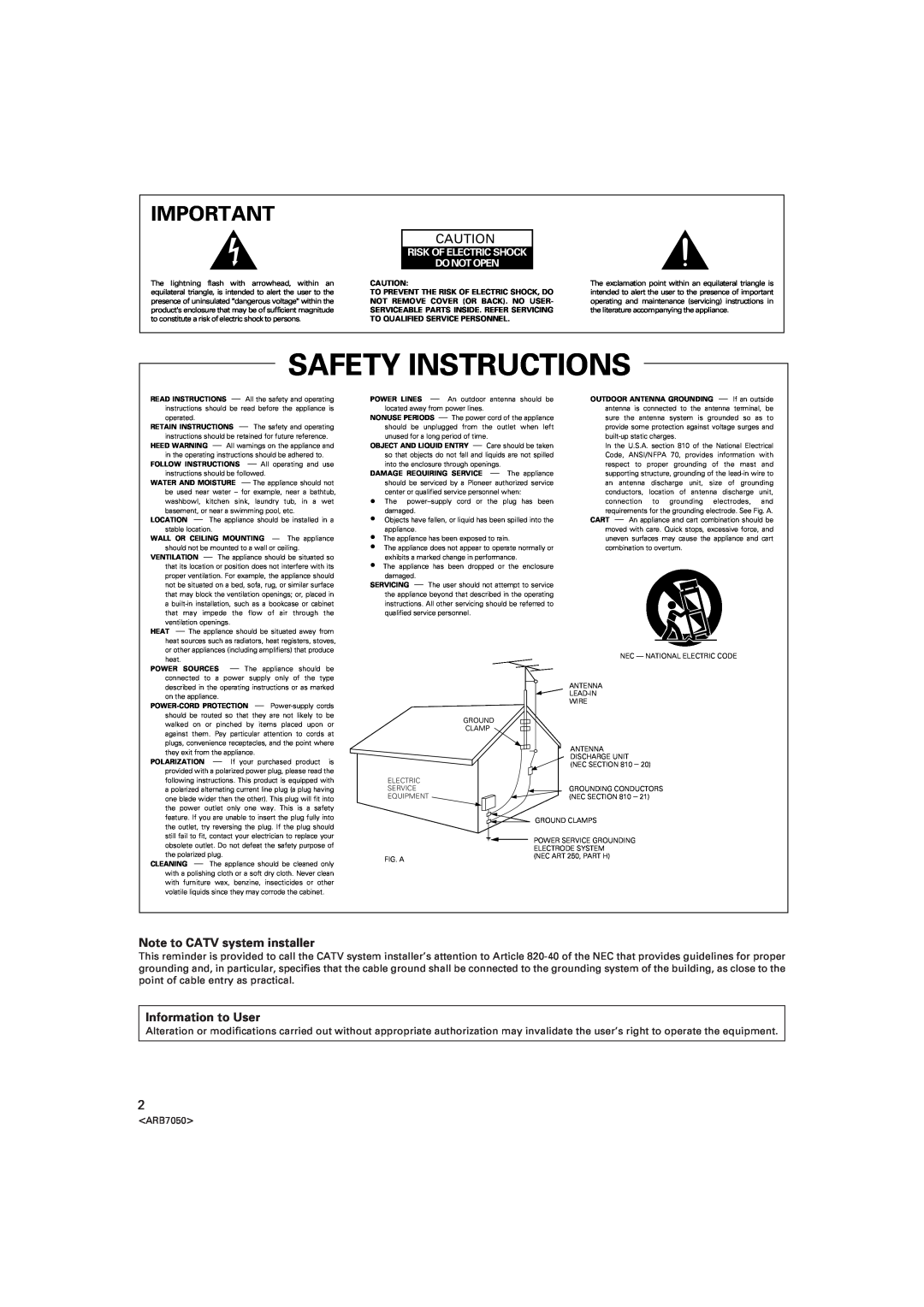 Pioneer VSX-D3S warranty Safety Instructions, Note to CATV system installer, Information to User 