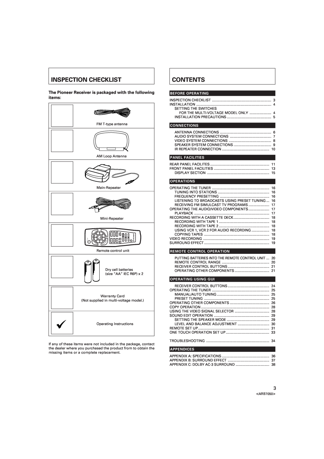 Pioneer VSX-D3S Inspection Checklist, Contents, Before Operating, Connections, Panel Facilities, Operations, Appendices 