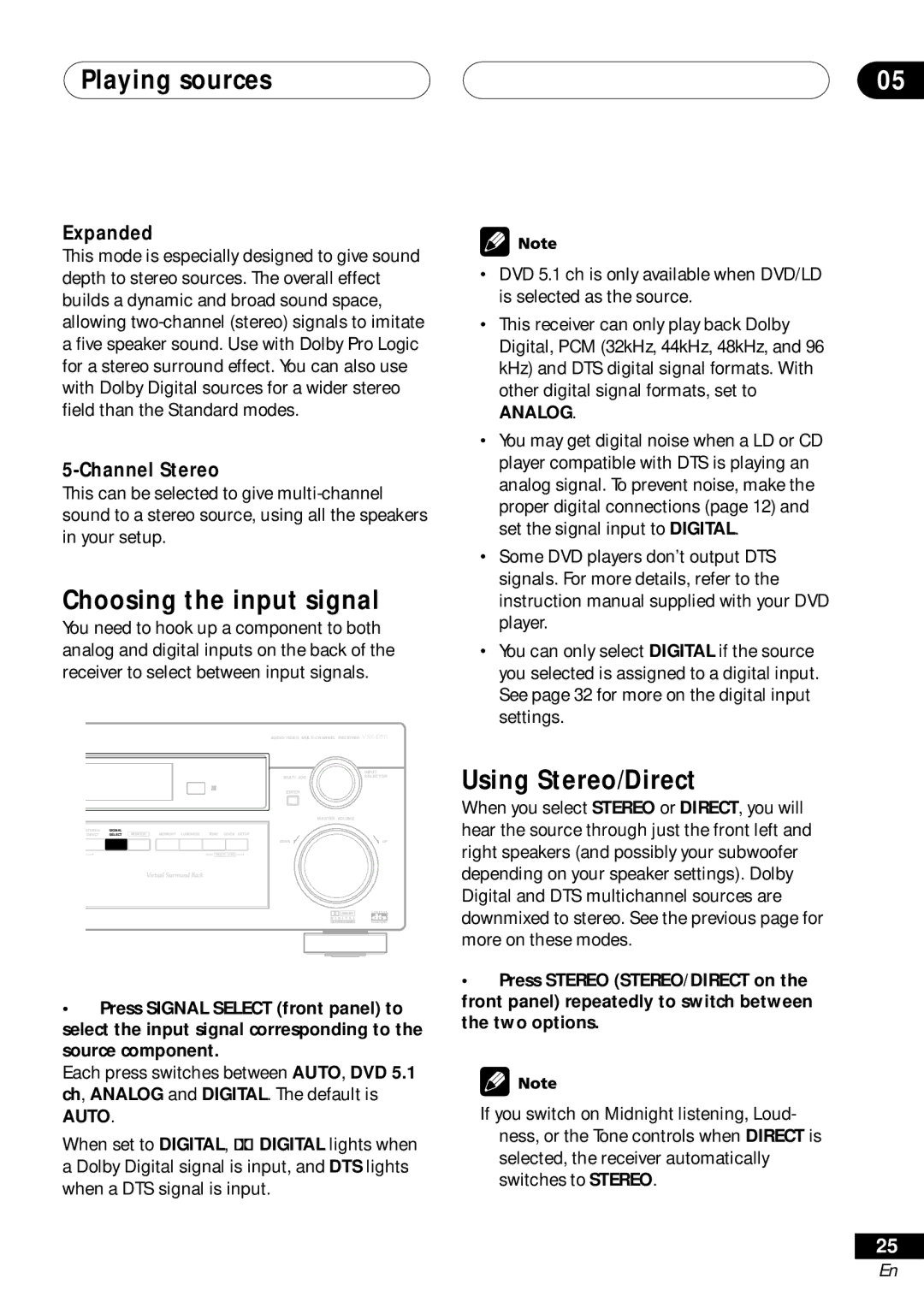 Pioneer VSX-D511, VSX-D41 manual Playing sources, Choosing the input signal, Using Stereo/Direct, Expanded, Channel Stereo 