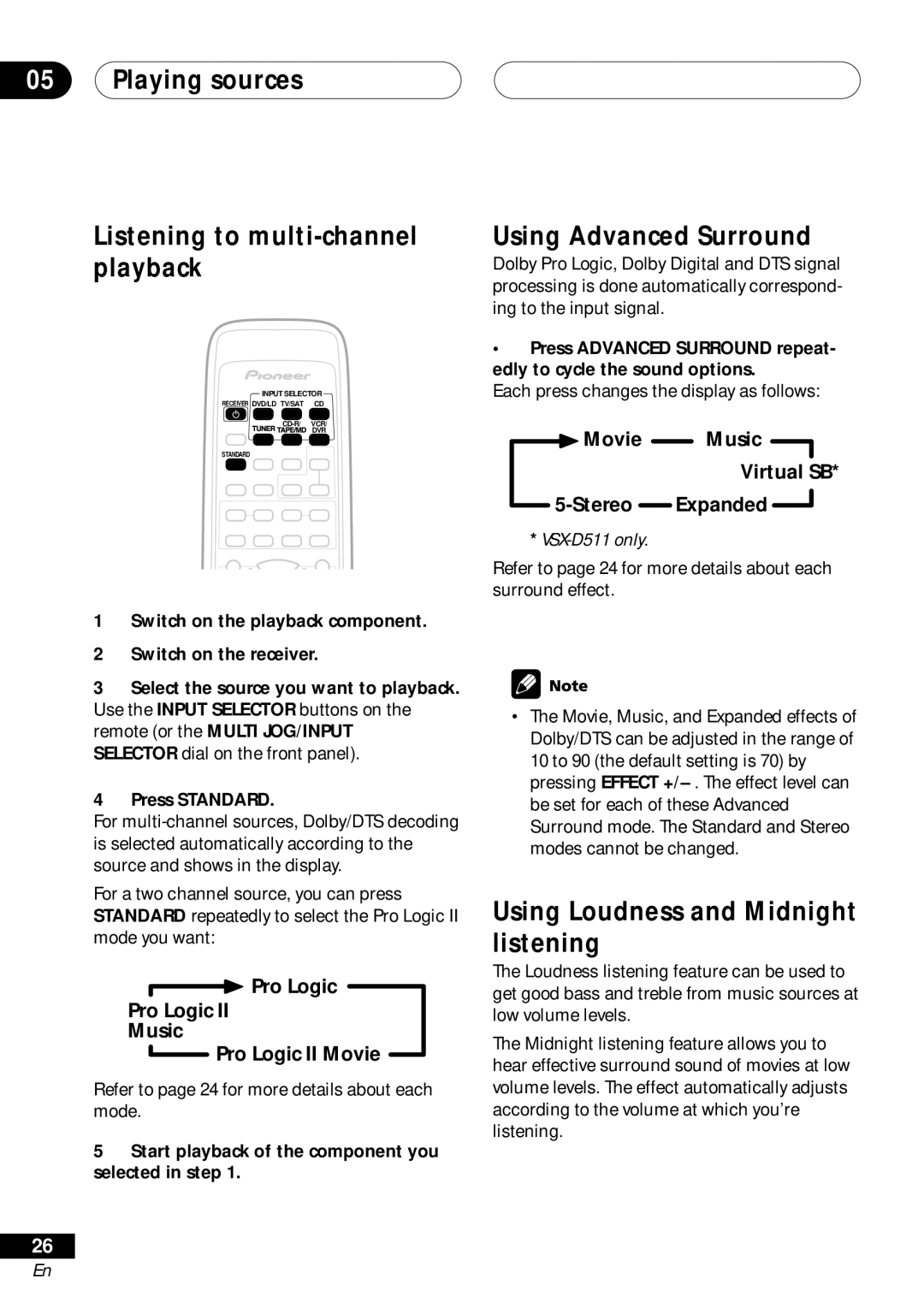 Pioneer VSX-D41, VSX-D511 manual Playing sources Listening to multi-channel playback, Using Advanced Surround 