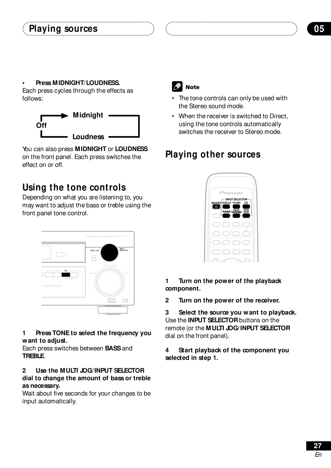 Pioneer VSX-D511, VSX-D41 manual Using the tone controls, Playing other sources, Midnight Off Loudness, Treble 