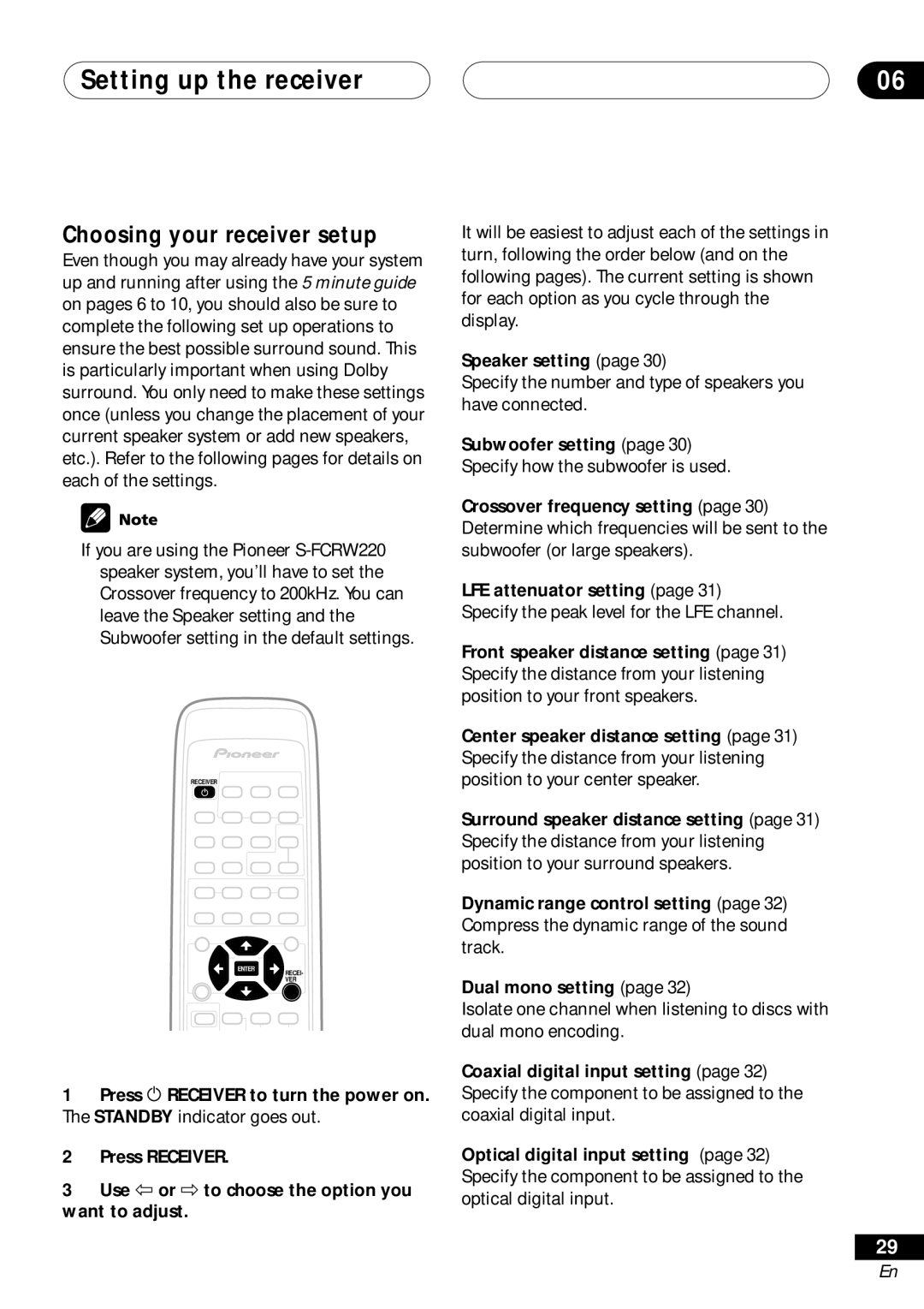 Pioneer VSX-D511, VSX-D41 manual Setting up the receiver, Choosing your receiver setup, Speaker setting, Subwoofer setting 