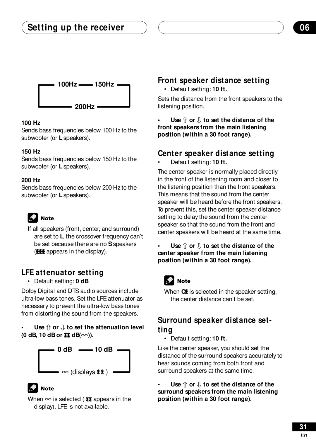 Pioneer VSX-D511, VSX-D41 manual LFE attenuator setting, Front speaker distance setting, Center speaker distance setting 