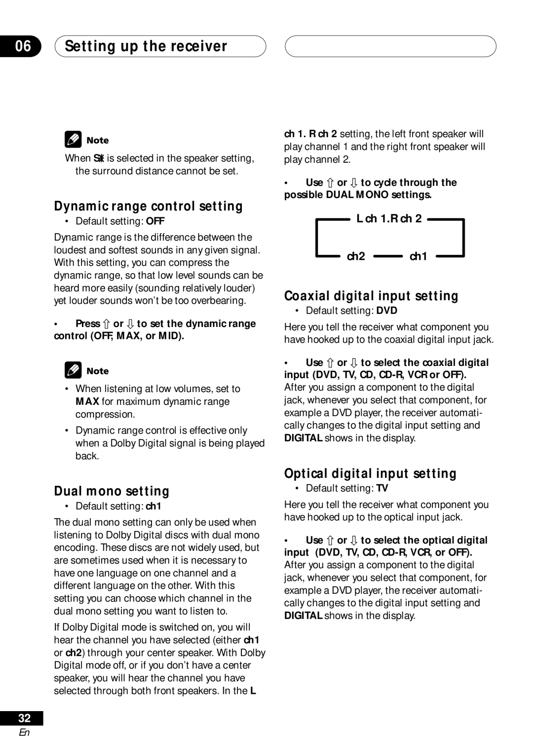 Pioneer VSX-D41 manual Dynamic range control setting, Dual mono setting, Coaxial digital input setting, Ch 1.R ch Ch2 ch1 