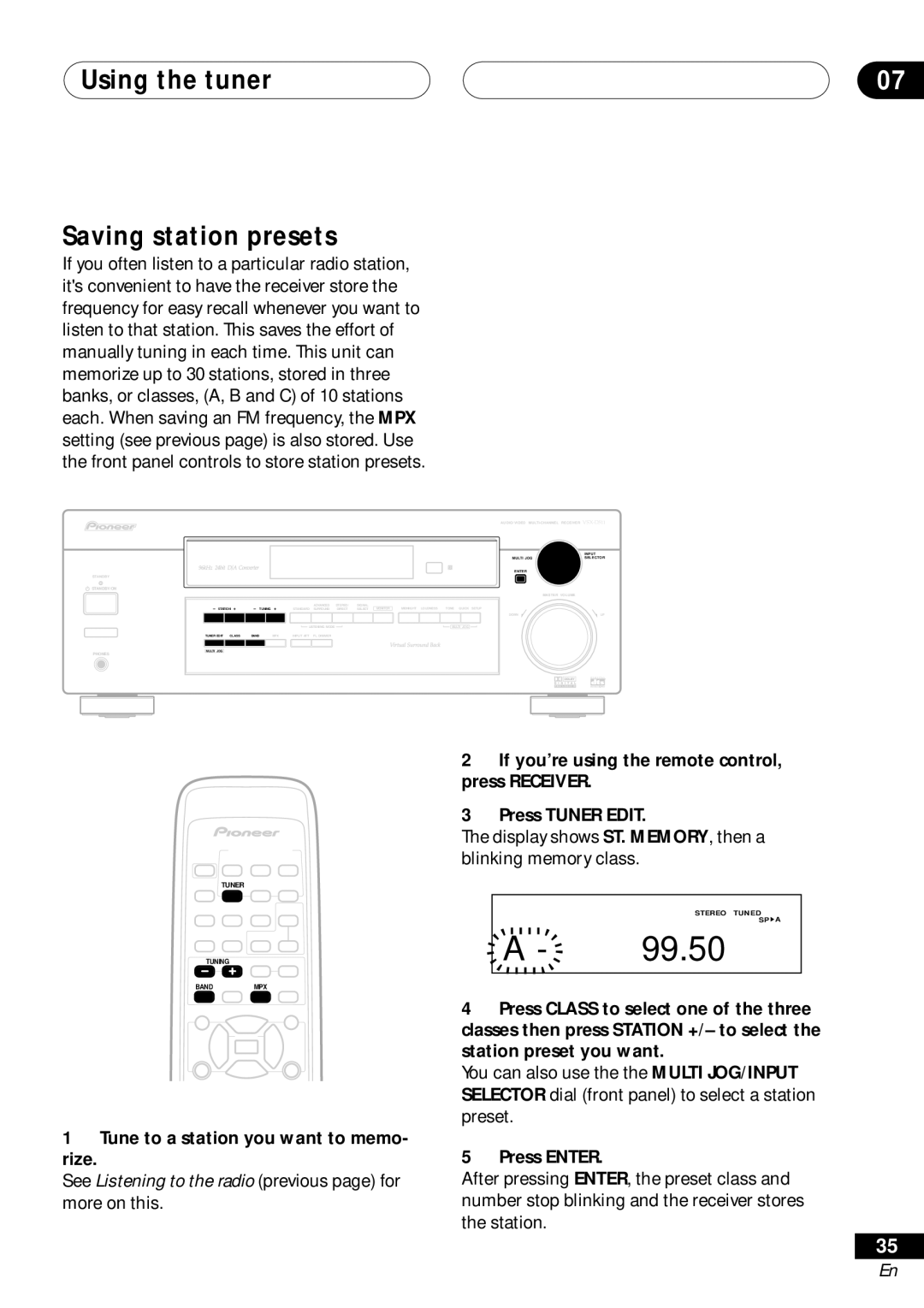 Pioneer VSX-D511, VSX-D41 manual Using the tuner Saving station presets, Tune to a station you want to memo Rize 