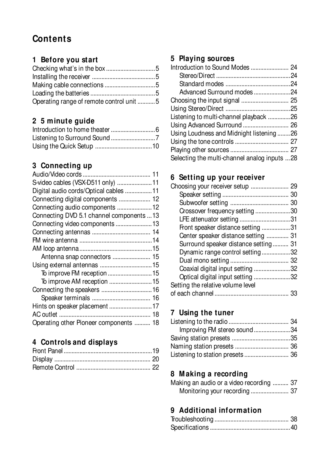 Pioneer VSX-D41, VSX-D511 manual Contents 